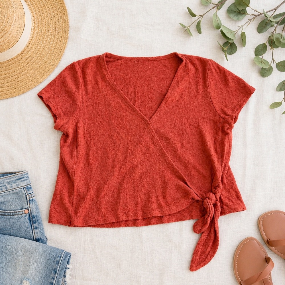 Madewell Textured Cotton Side-Tie Wrap Top Burnt Orange Rust J2858 L